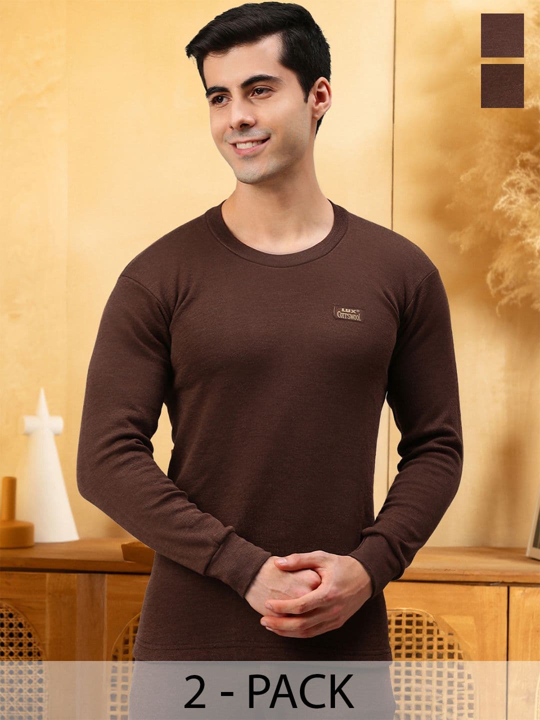 Lux Cottswool Men Pack of 2 Brown Solid Thermal Tops - view 1