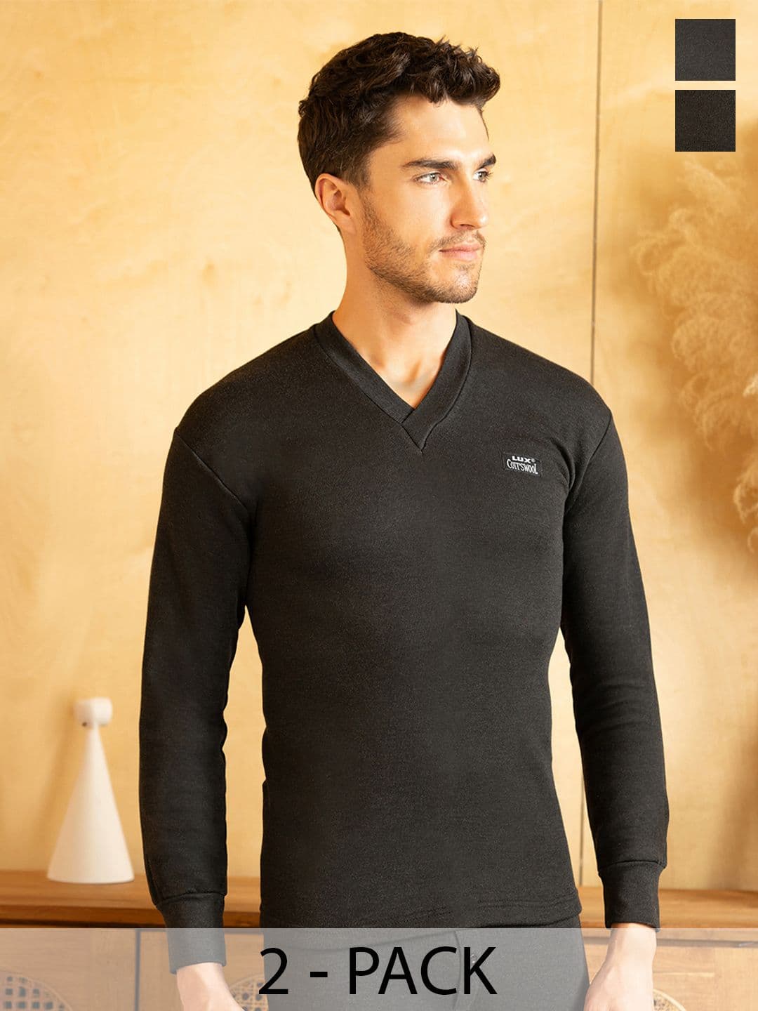 Lux Cottswool Men Pack Of 2 Solid Slim-Fit Cotton Thermal Top - view 1