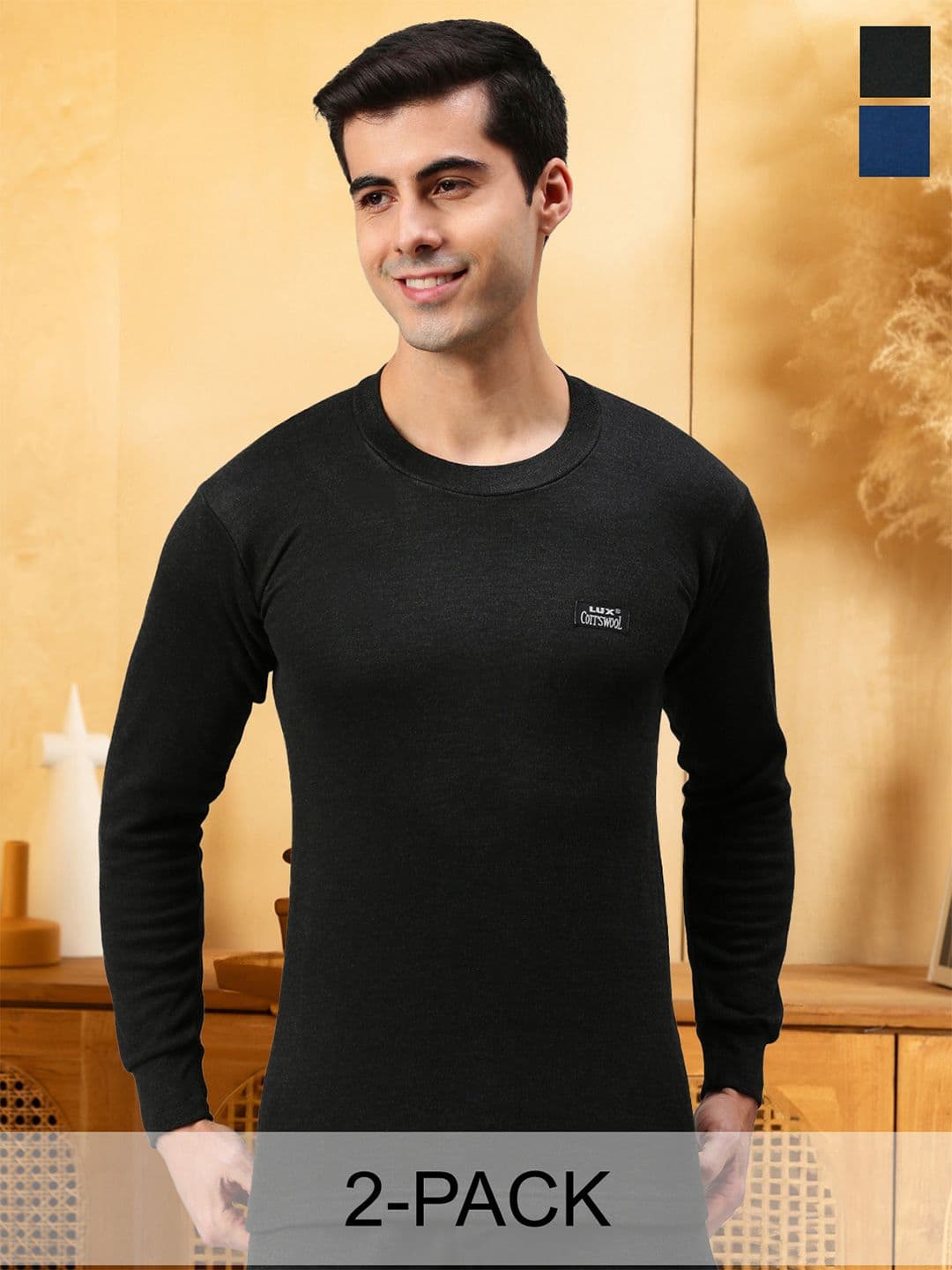 Lux Cottswool Men Pack Of 2 Black & Blue Solid Cotton Thermal Tops - view 1