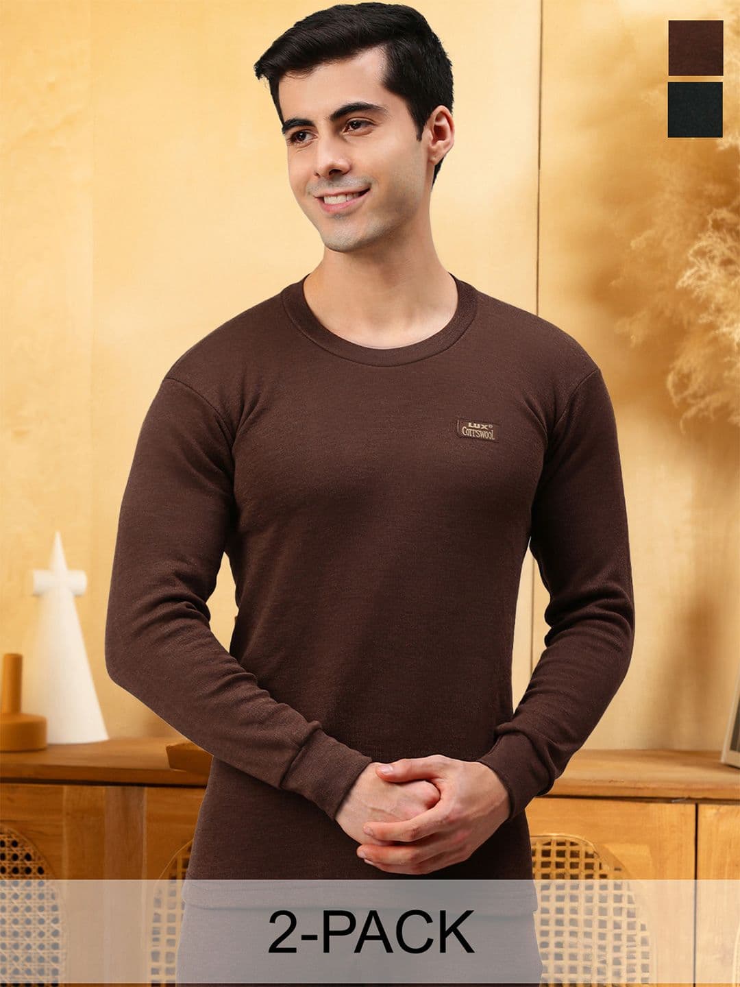 Lux Cottswool Men Pack of 2 Black & Brown Solid Thermal Tops - view 1