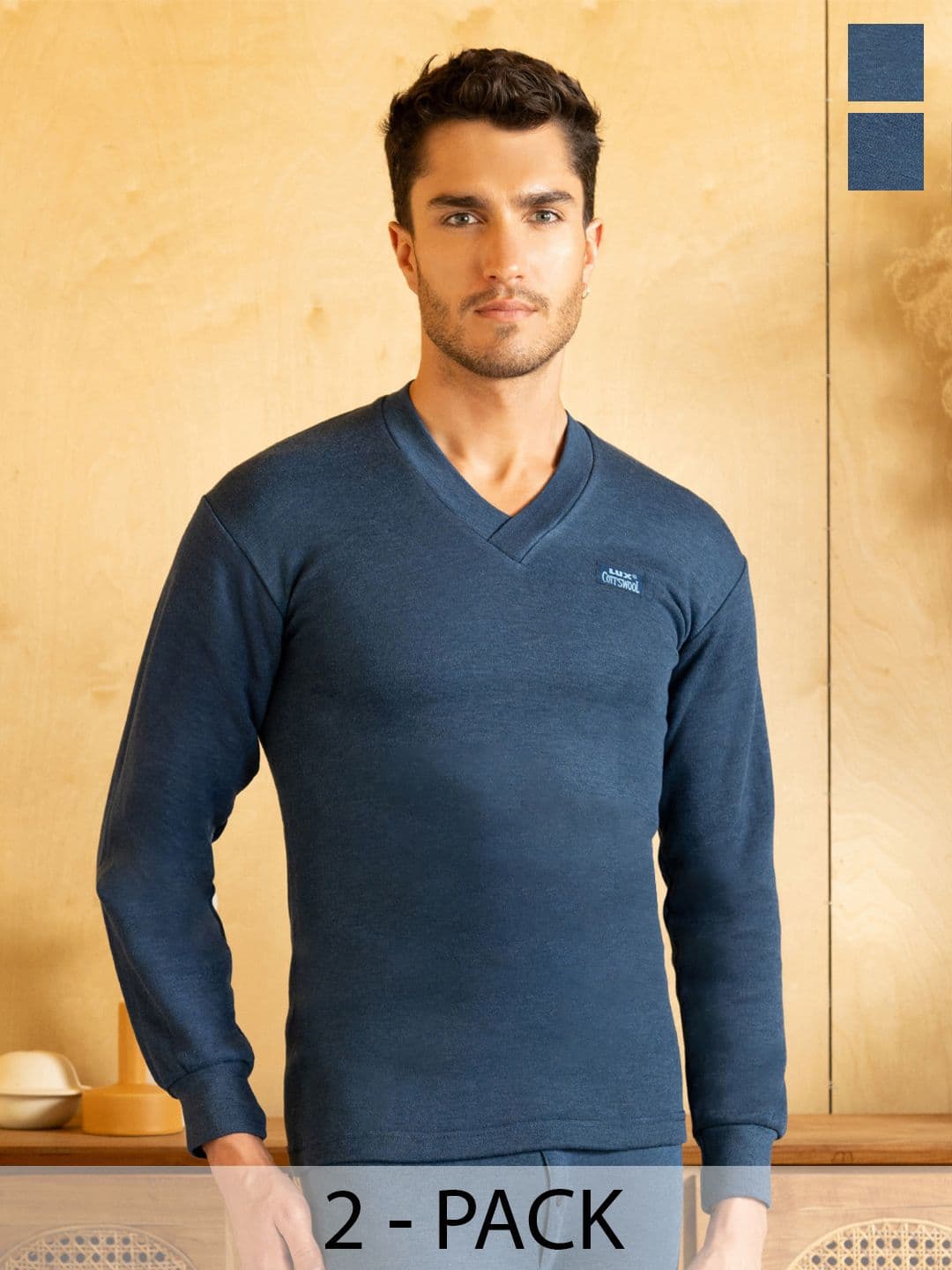 Lux Cottswool Men Pack Of 2 Blue Solid Cotton Thermal Tops - view 1