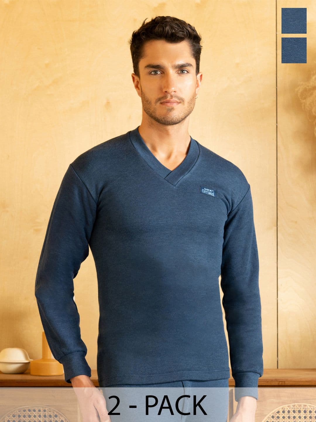 Lux Cottswool Men Pack Of 2 Blue Solid Cotton Thermal Tops - view 1