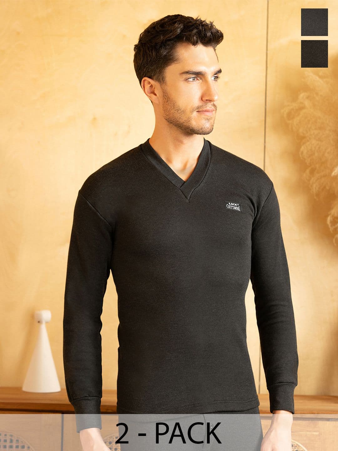 Lux Cottswool Men Pack Of 2 Black Solid Cotton Thermal Tops - view 1