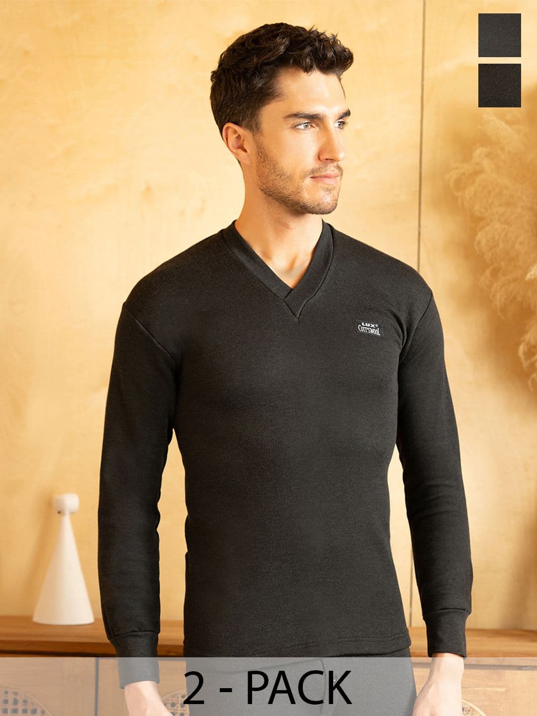 Lux Cottswool Men Pack Of 2 Black Solid Cotton Thermal Tops - view 1