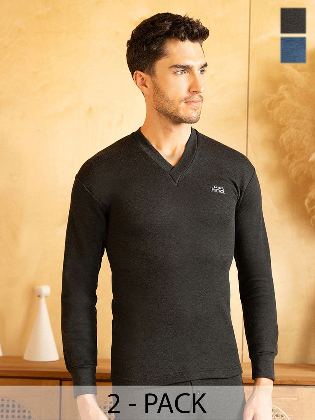 Lux Cottswool Men Pack Of 2 Black & Blue Solid Cotton Thermal Tops - view 1