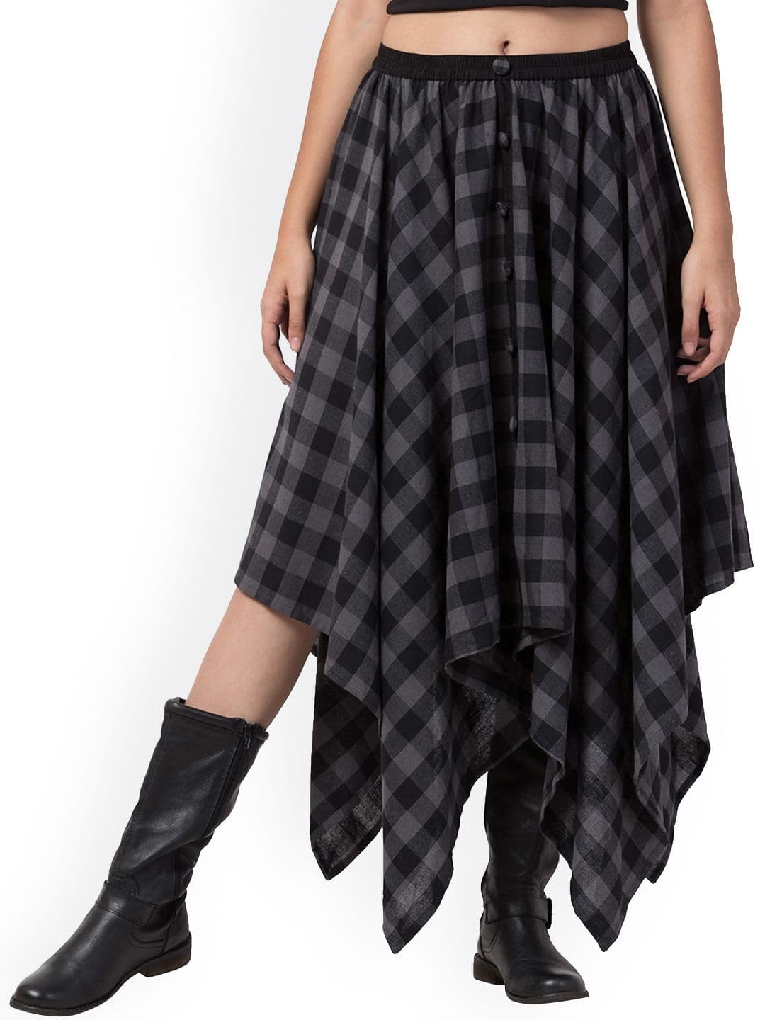 Hive91 Women Grey & Black Checked Pure Cotton Asymmetric Skirt - view 1