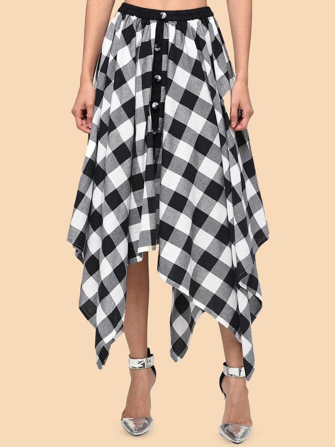 Hive91 Women White Checked Asymmetric Flared Midi skirt - view 1