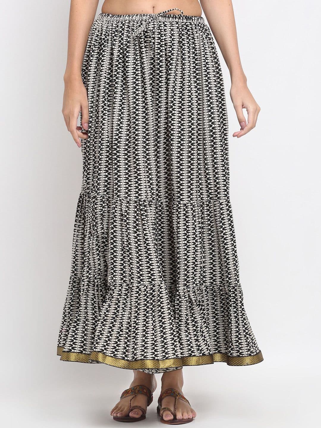 SOUNDARYA Women Black & White Printed Pure Cotton Flared Maxi Skirt - view 1