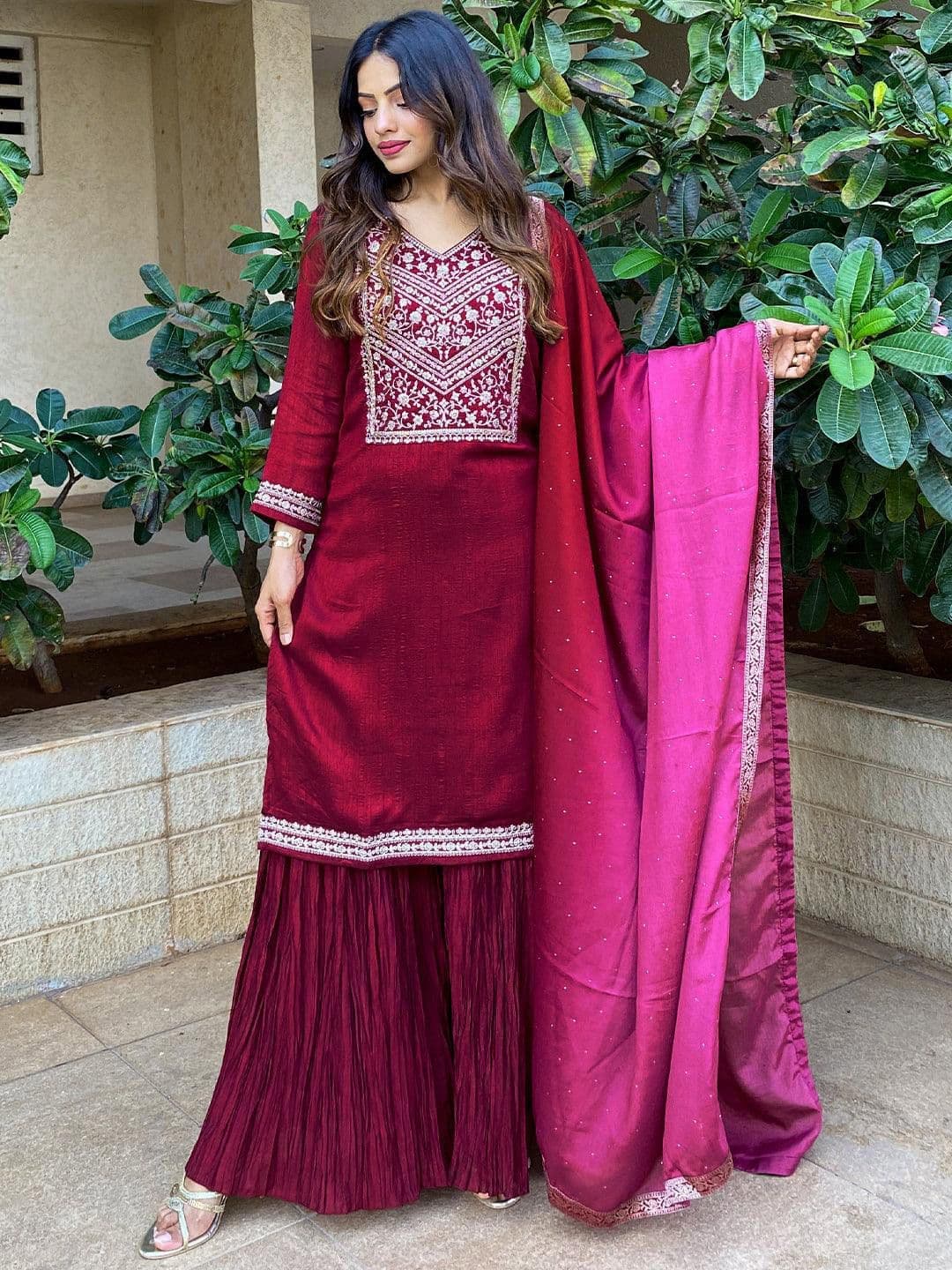 Libas Womens Fuchsia Yoke Design Straight Kurta With Sharara & Dupatta - view 1