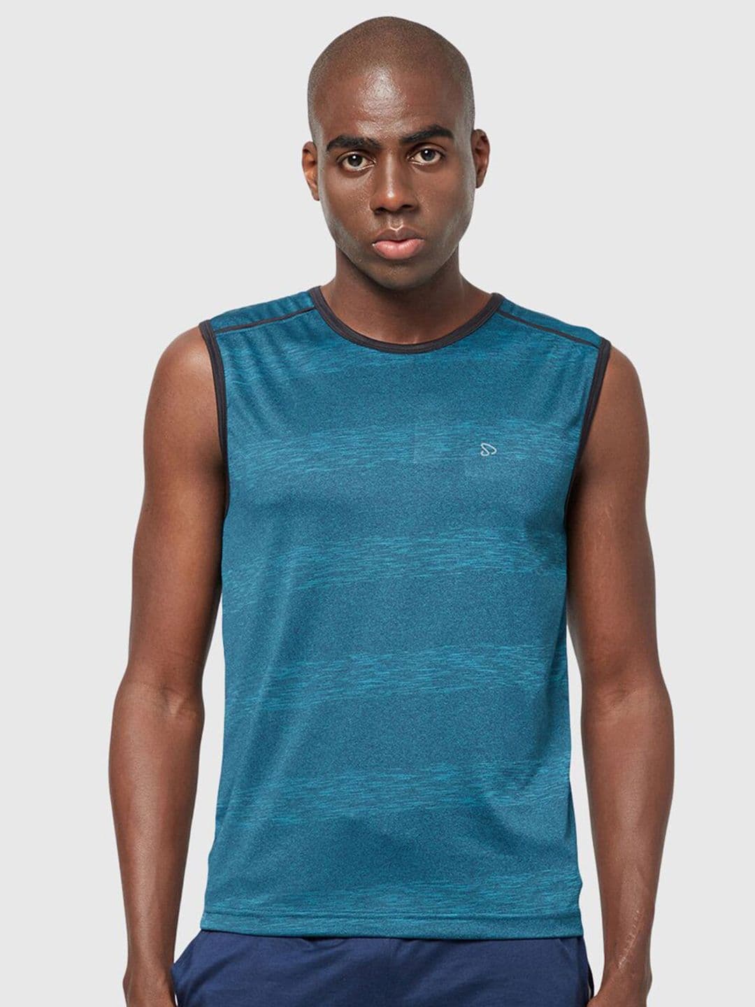 SPORTO Men Turquoise Blue Striped Slim Fit T-shirt
