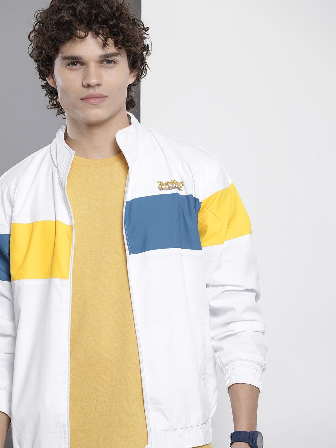 The Indian Garage Co Men White & Blue Striped Windcheater Bomber Jacket - view 1