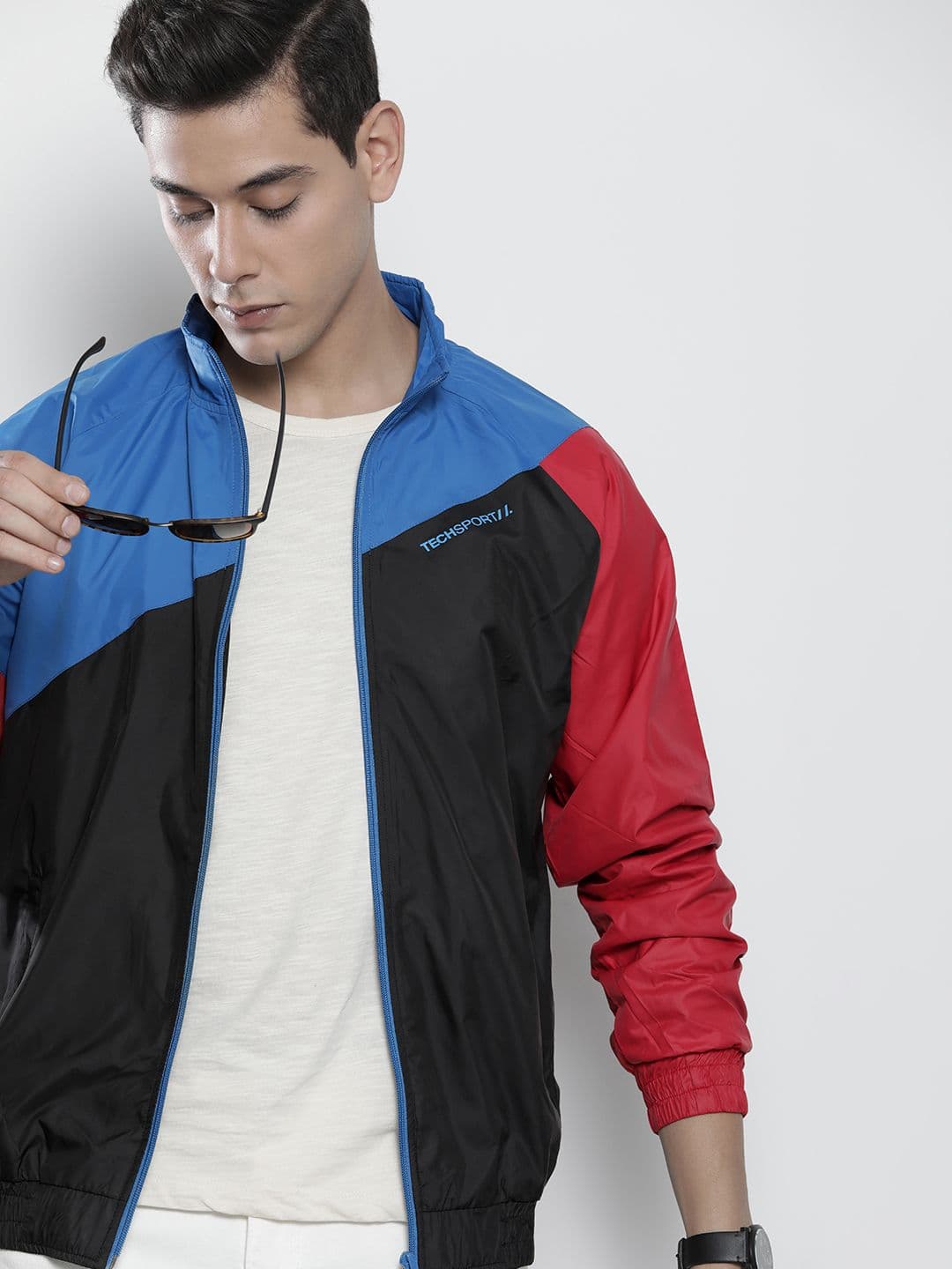 The Indian Garage Co Men Blue & Black Colourblocked Windcheater Outdoor Open Front Jacket - view 1