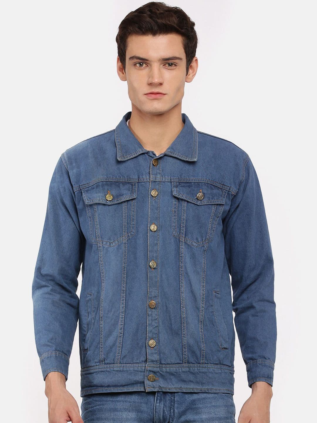 VOXATI Men Blue Solid Spread Collar Long Sleeves Denim Jacket - view 1