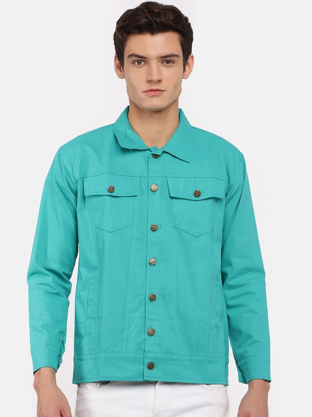 VOXATI Men Turquoise Blue Solid Denim Jacket - view 1
