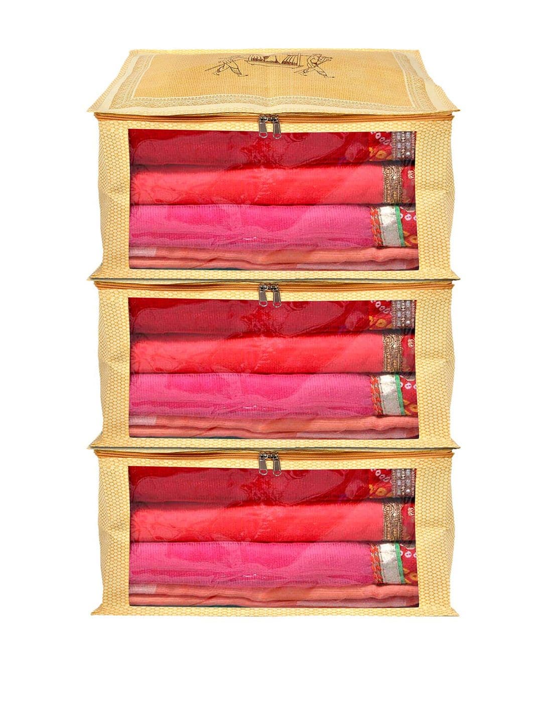 Kuber Industries Set of 3 Gold-Toned Printed Foldable Saree Covers - view 1