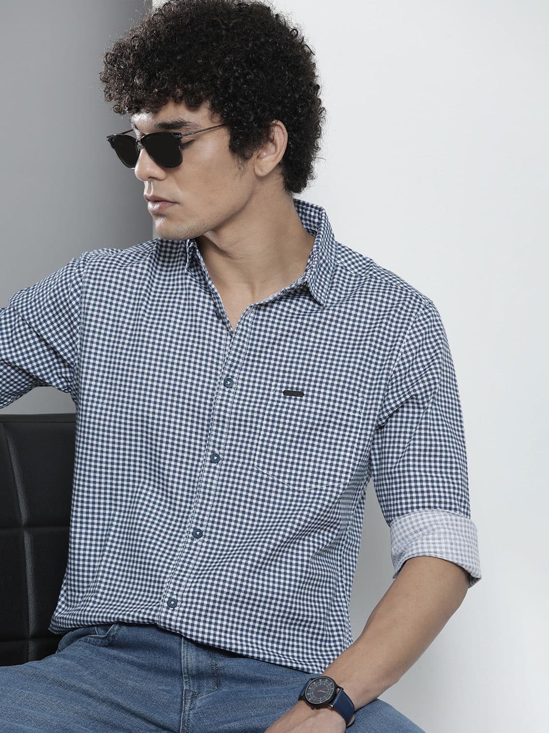 The Indian Garage Co Men Navy Blue Micro Checked Casual Shirt - view 1