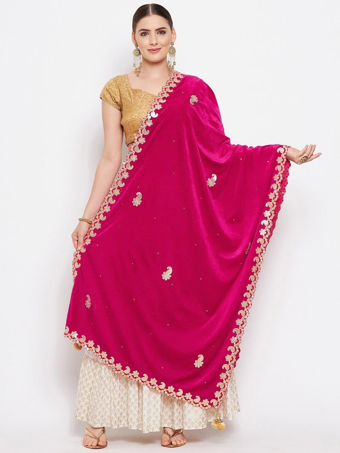 Clora Creation Magenta Embroidered Velvet Dupatta with Gotta Patti - view 1