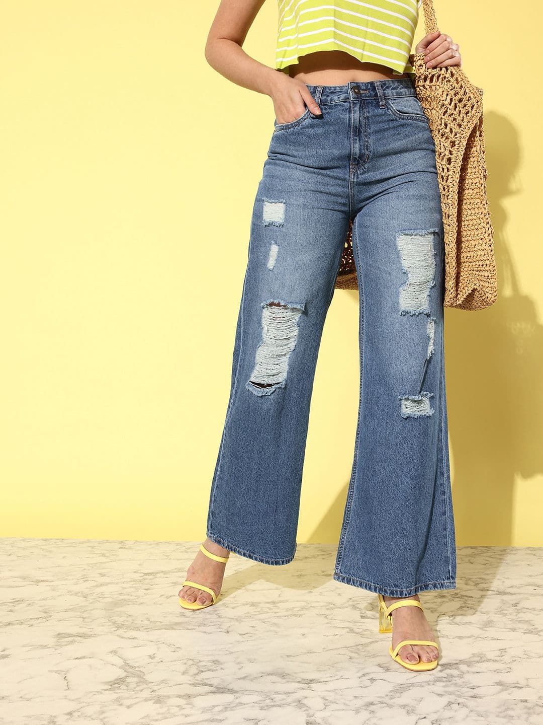 The Roadster Lifestyle Co. Women Wide Leg High-Rise Highly Distressed Cotton Jeans - view 1
