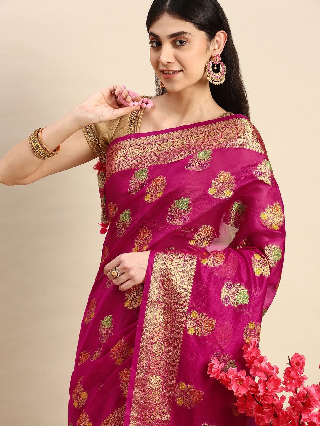 Mitera Pink & Golden Floral Zari Organza Kanjeevaram Saree - view 1
