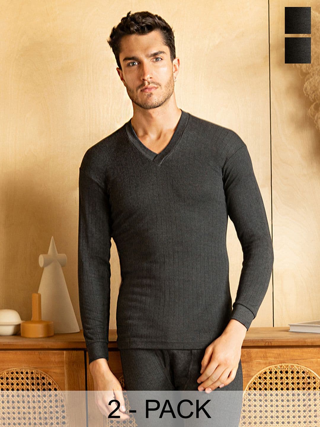 LUX PARKER Men Pack Of 2 Black Solid Cotton Thermal Top - view 1