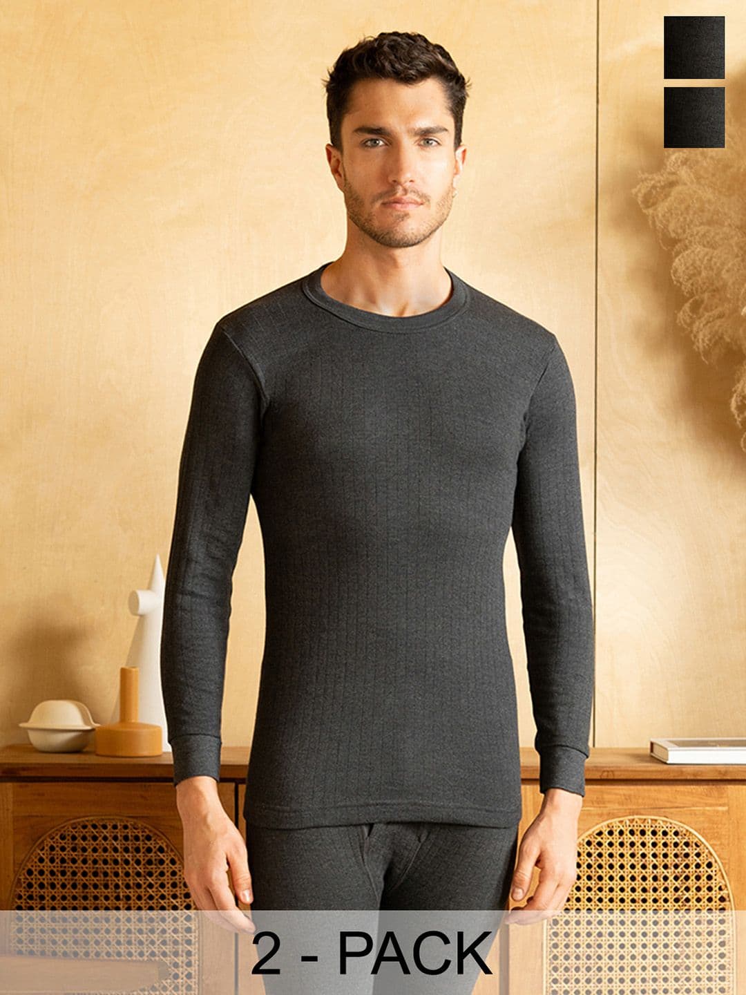 LUX PARKER Men Pack of 2 Black Solid Cotton Thermal Top - view 1