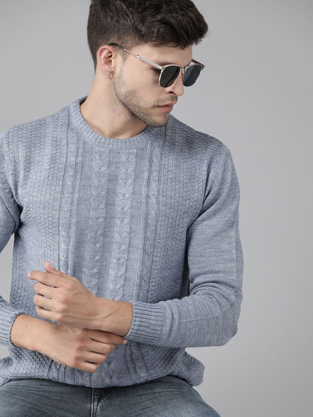 Roadster Men Blue Self Design Pullover - view 1