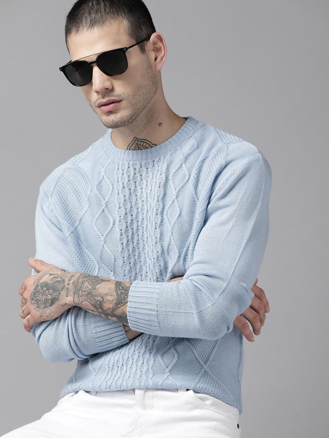 Roadster Men Blue Acrylic Cable Knit Pullover - view 1