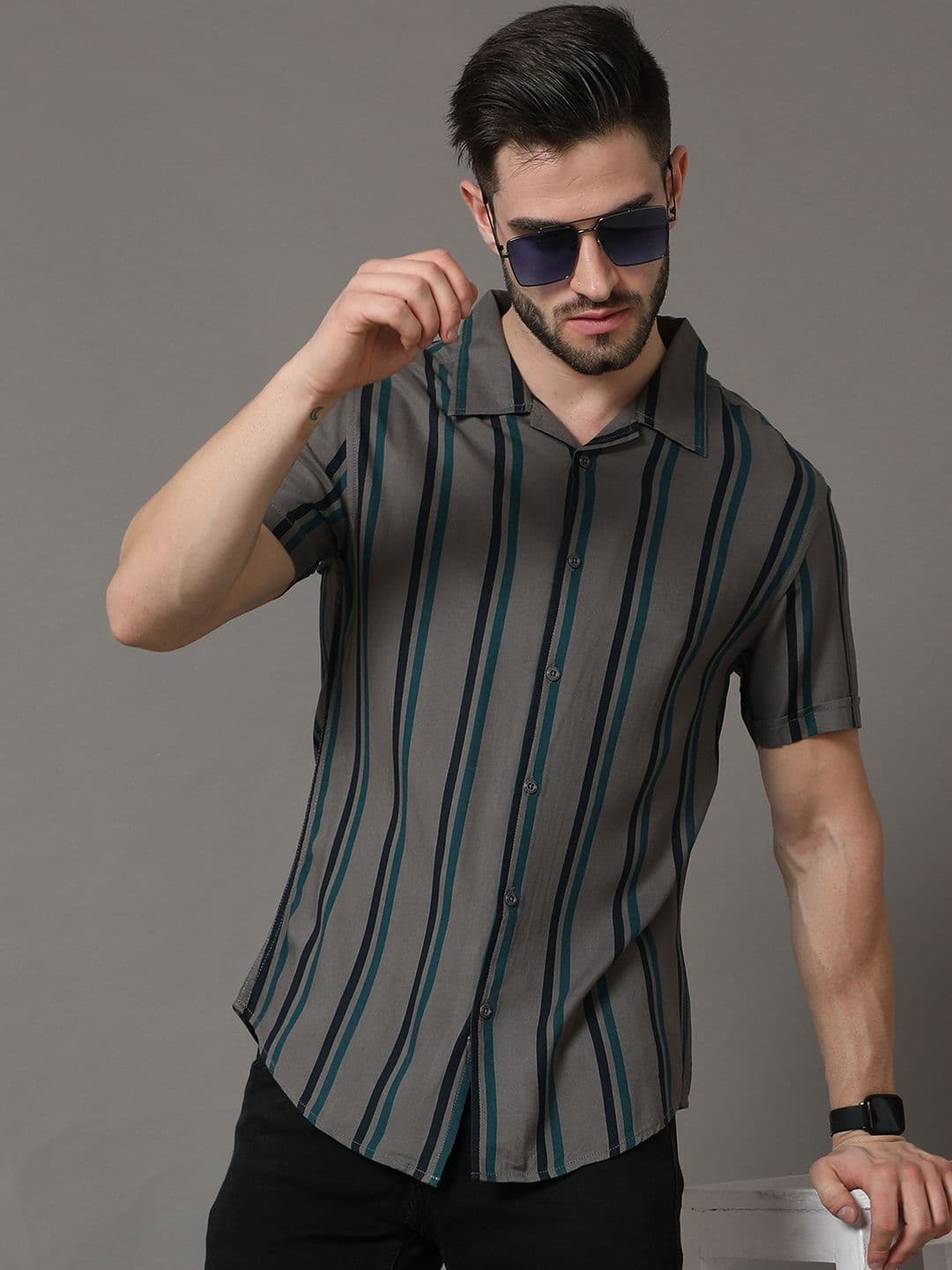 HERE&NOW Men Grey Slim Fit Striped Casual Shirt - view 1