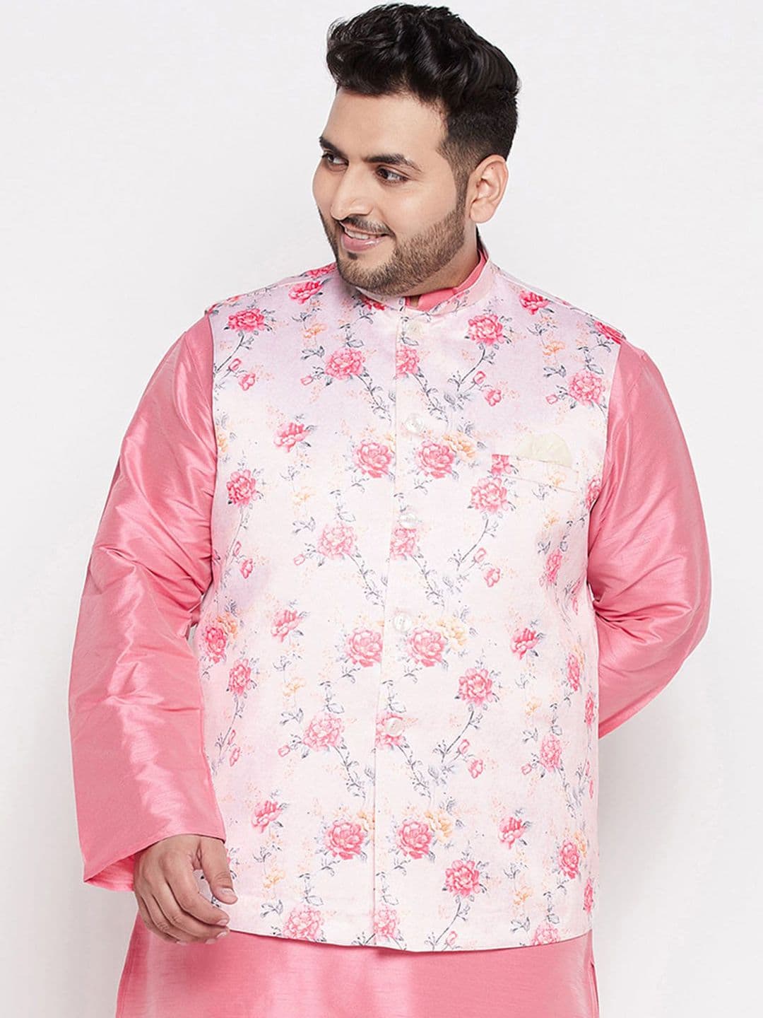 VASTRAMAY Men Plus Size Peach-Coloured Printed Nehru Jacket - view 1