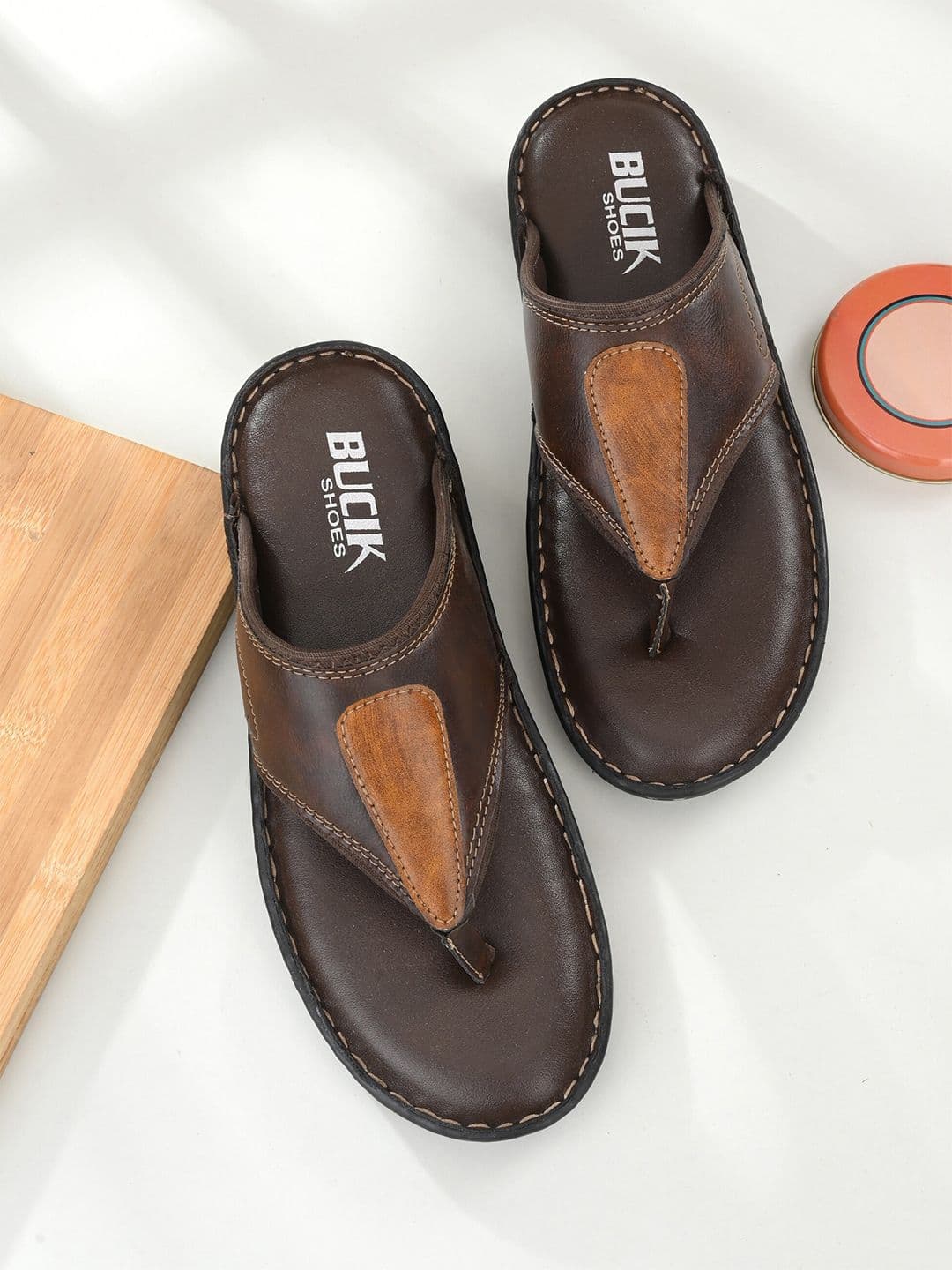 BUCIK Men Brown & Black Leather Comfort Sandals - view 1