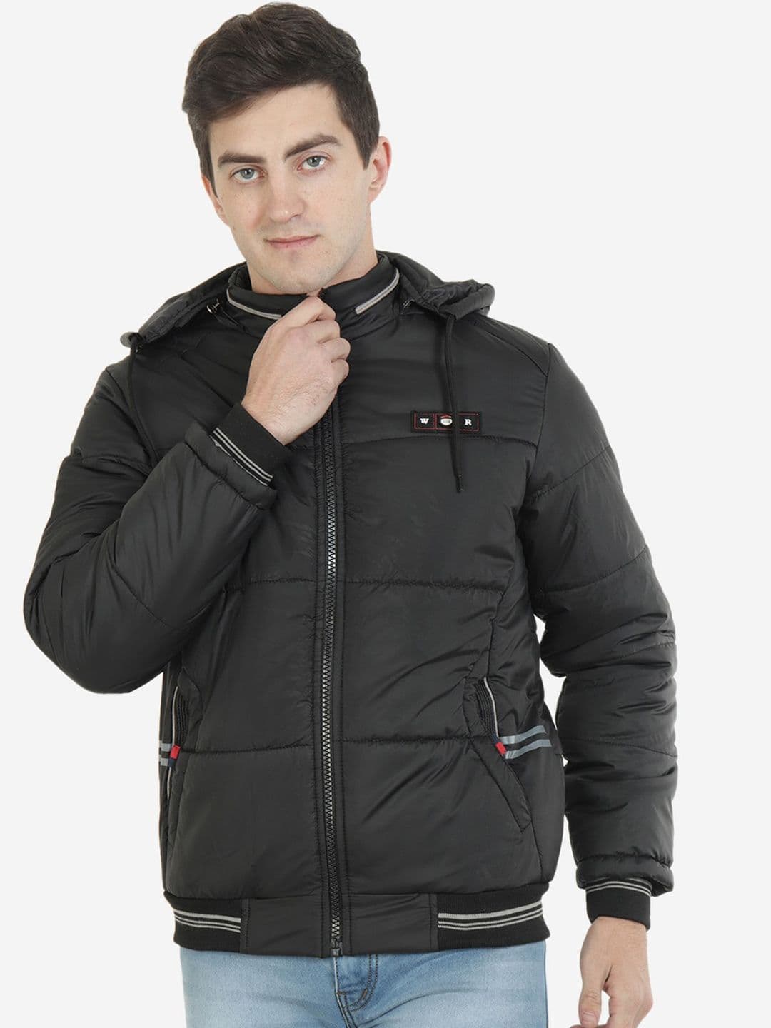 Xohy Men Black Lightweight Hooded Varsity Jacket - view 1