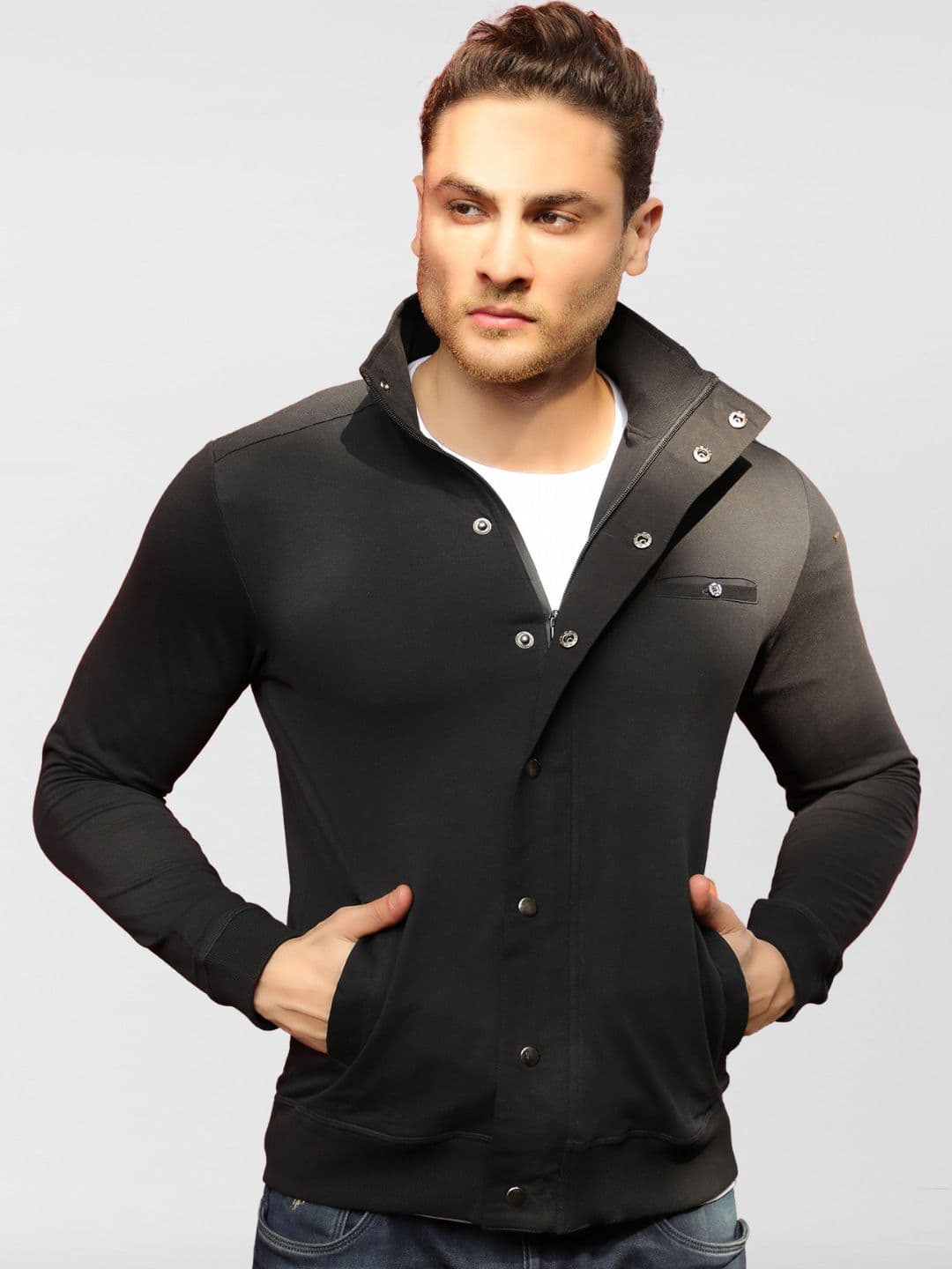 Dream of Glory Inc Men Black Solid Cotton Lightweight Biker Jacket - view 1
