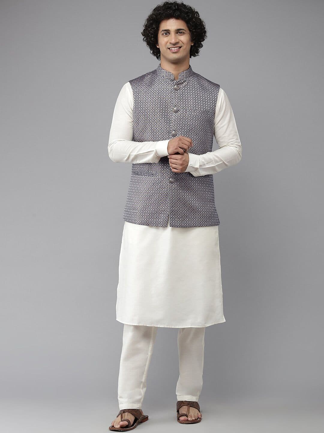 See Designs Men Blue Woven Design Nehru Jacket - view 1