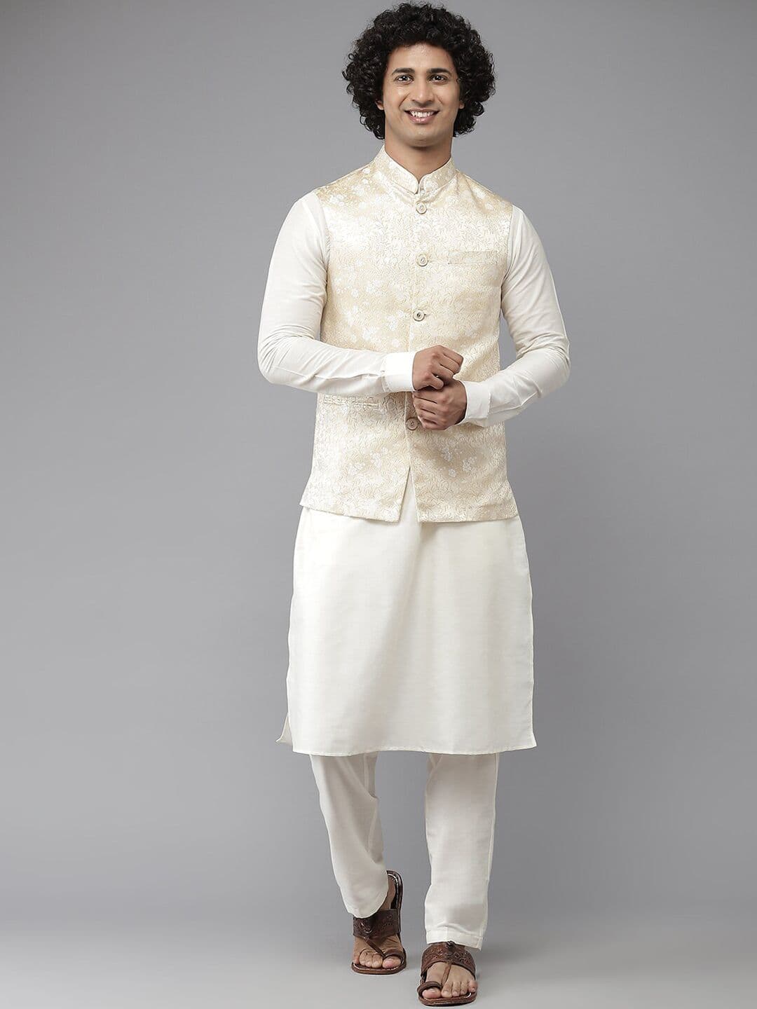See Designs Men Gold-Toned & White Woven Design Nehru Jacket - view 1