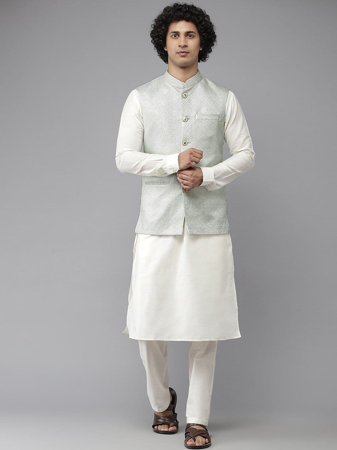 See Designs Men Blue Woven-Design Nehru Jacket - view 1