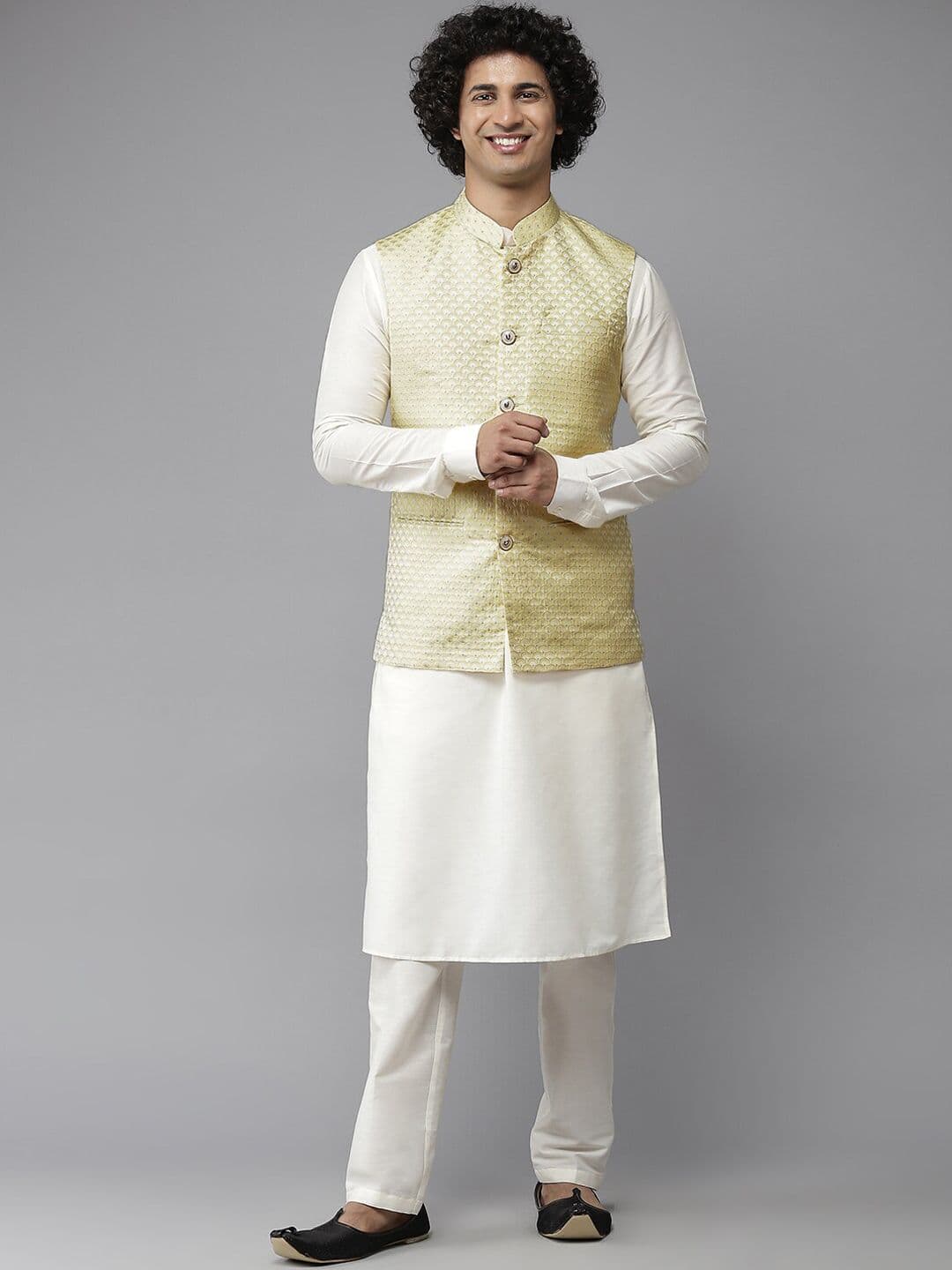 See Designs Men Yellow Solid Woven Nehru Jackets - view 1