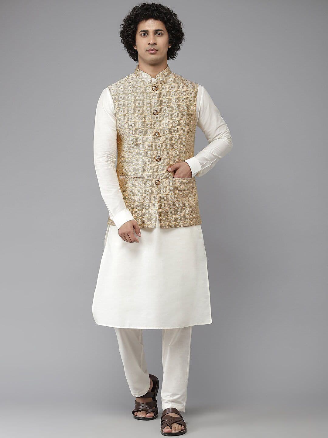 See Designs Men Golden Woven Jacquard Nehru Jacket - view 1