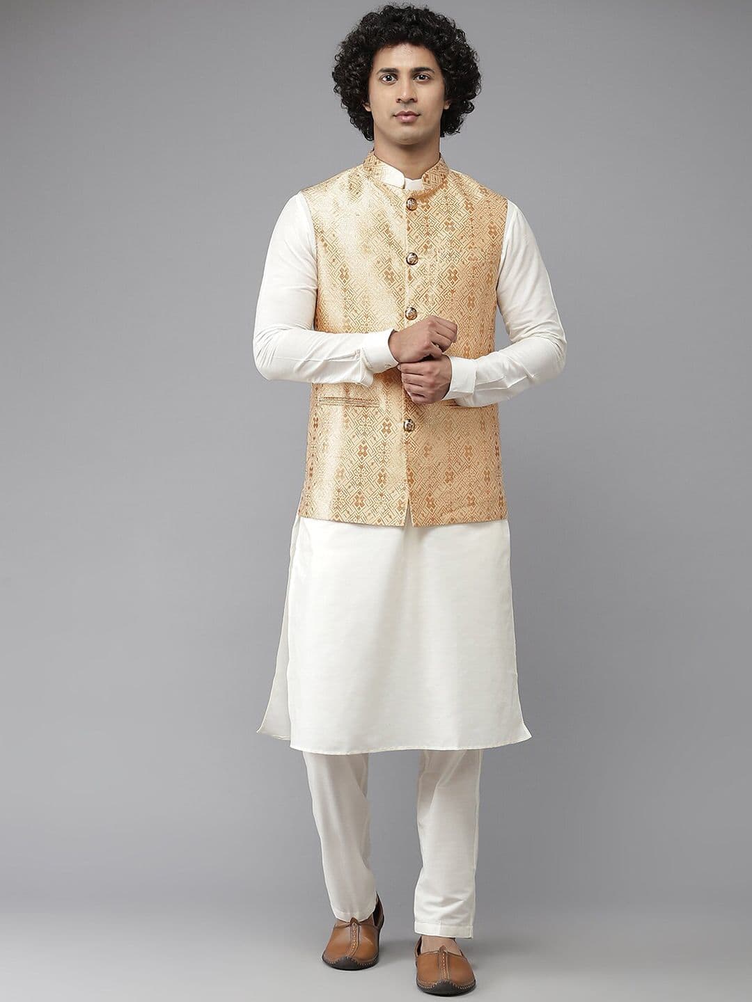 See Designs Men Gold-Toned & White Woven Design Nehru Jacket - view 1