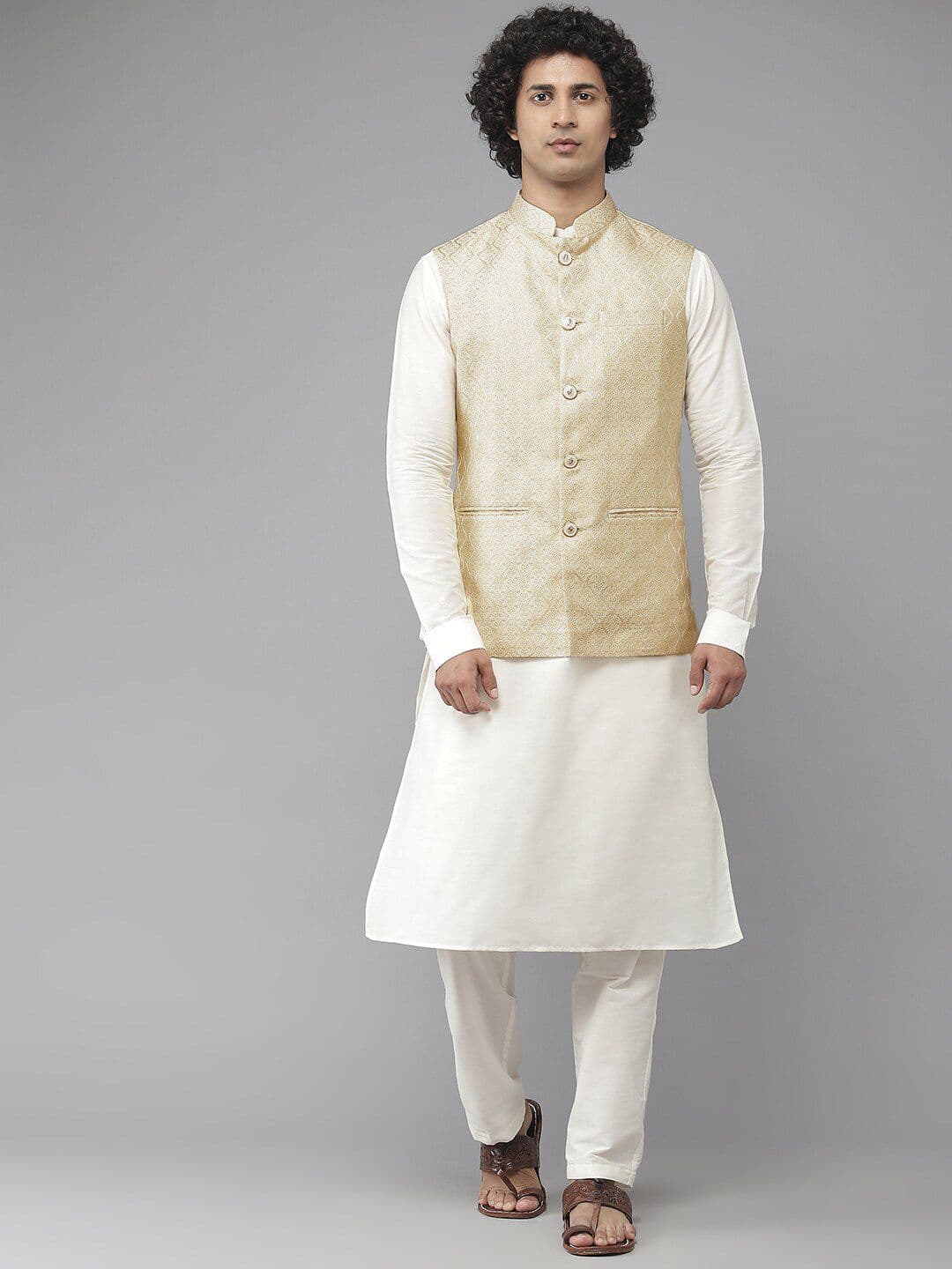 See Designs Men Gold-Coloured & White Woven Design Nehru Jackets - view 1