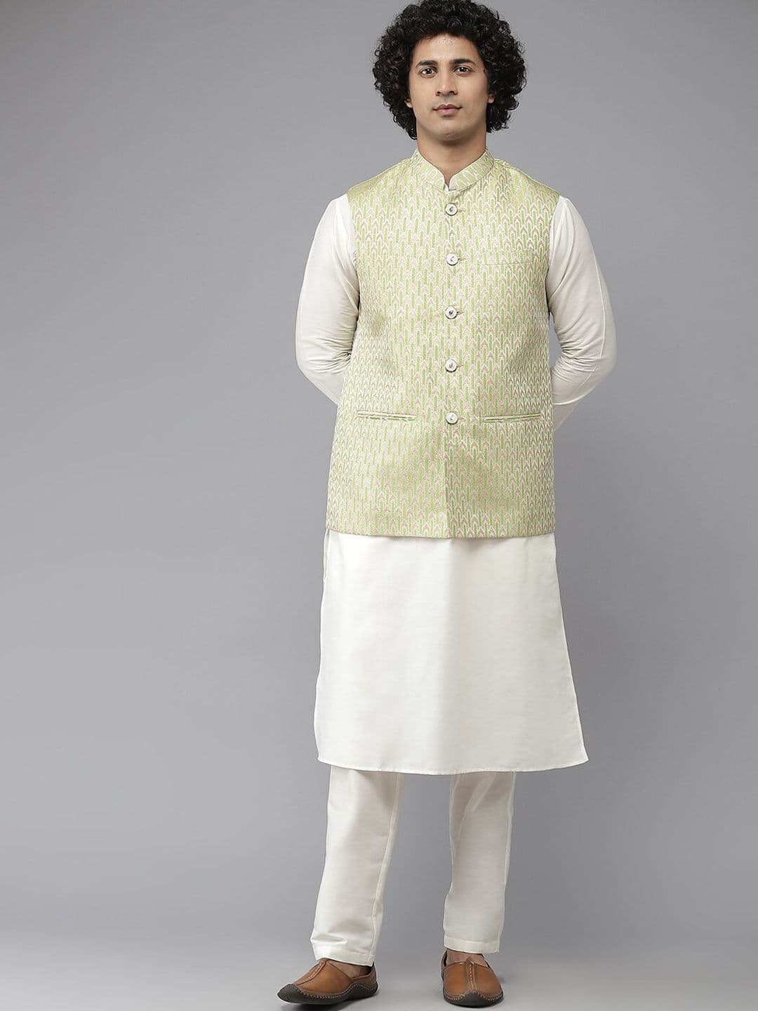 See Designs Men Green Woven Design Nehru Jackets - view 1