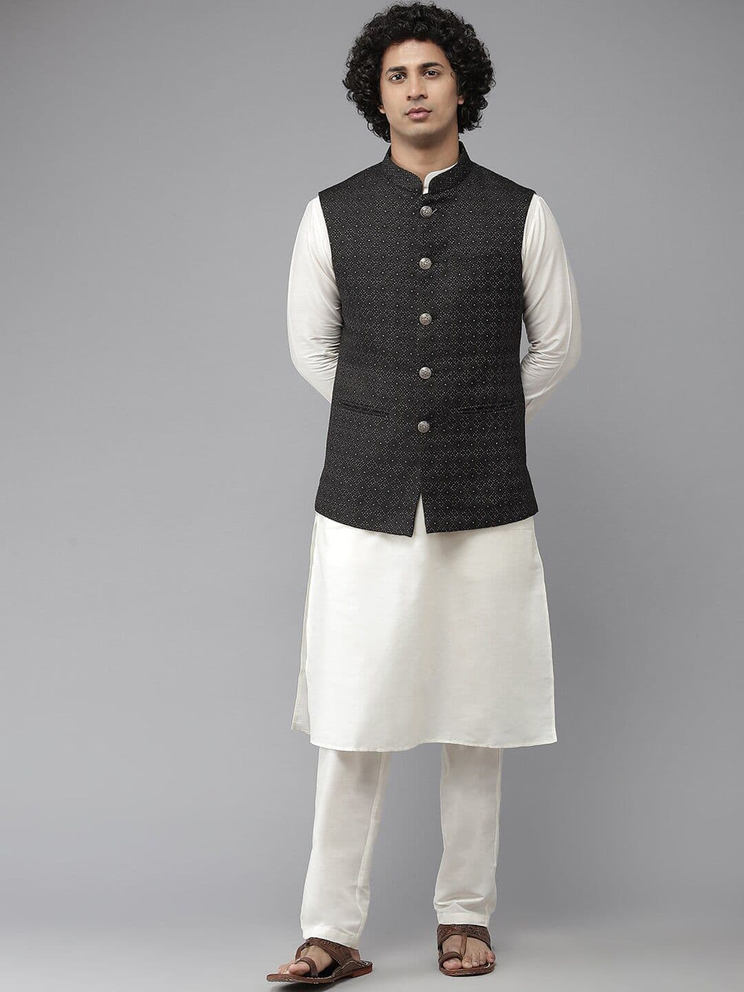 See Designs Men Black Woven Design Nehru Jacket - view 1
