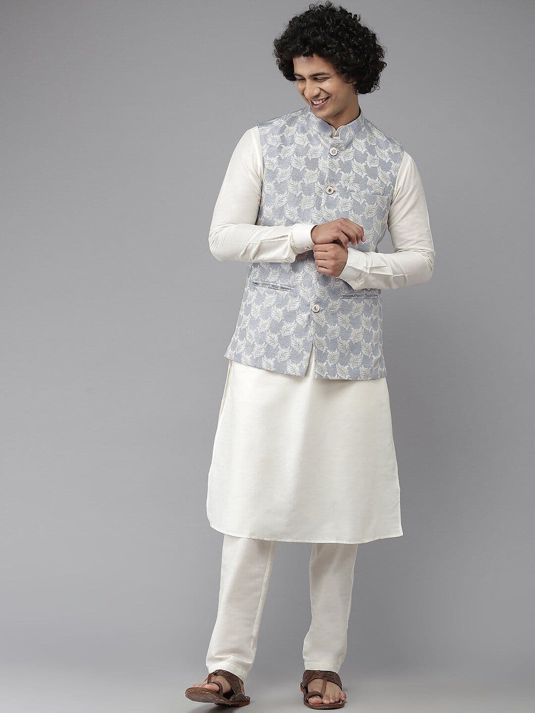 See Designs Men Turquoise Blue & White Woven Design Nehru Jackets - view 1