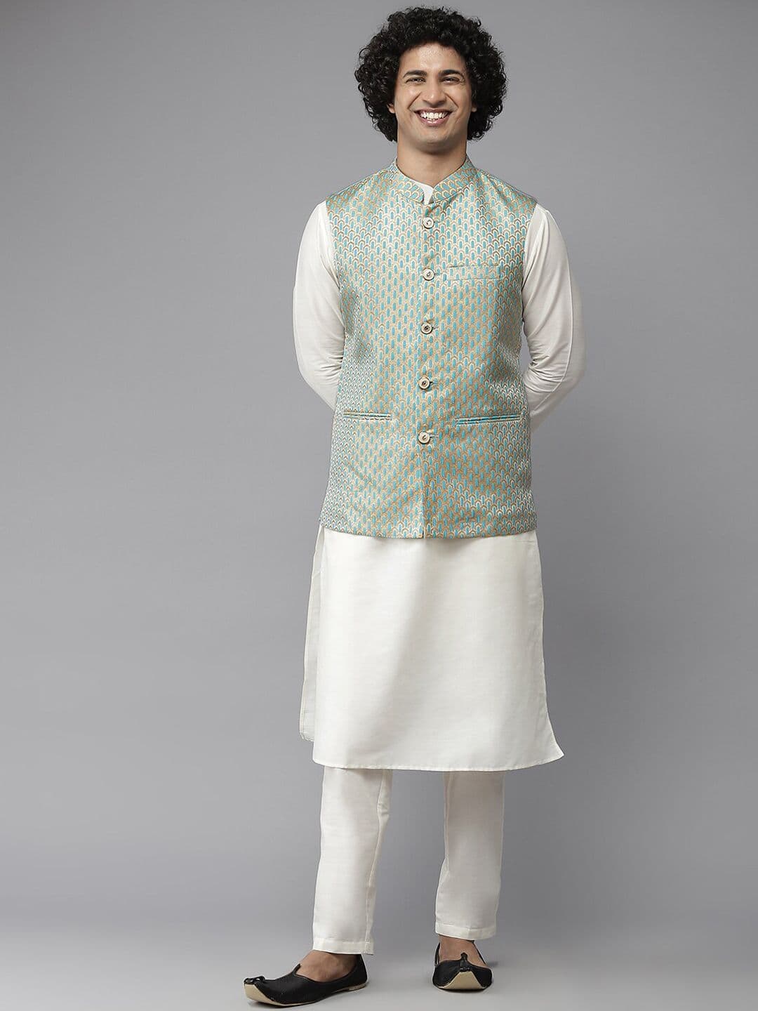 See Designs Men Sea Green Woven Design Nehru Jacket - view 1