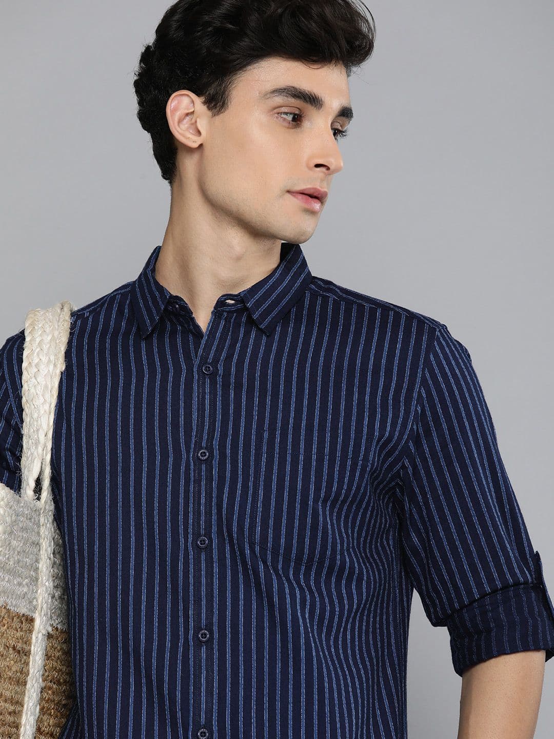 HERE&NOW Men Navy Blue Slim Fit Striped Casual Shirt - view 1