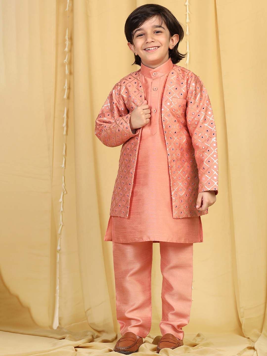 Aj DEZInES Boys Peach-Coloured Woven-Design Sherwani Set - view 1