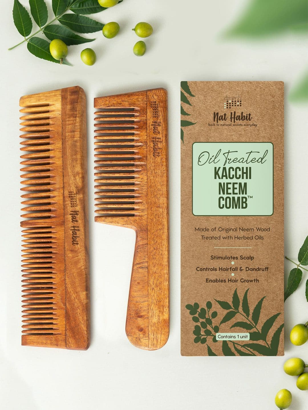 Nat Habit 2pcs Kacchi Neem Wooden Comb - Soaked in 17 Herbs & Oils - Dual+ Fine Tooth Comb - view 1