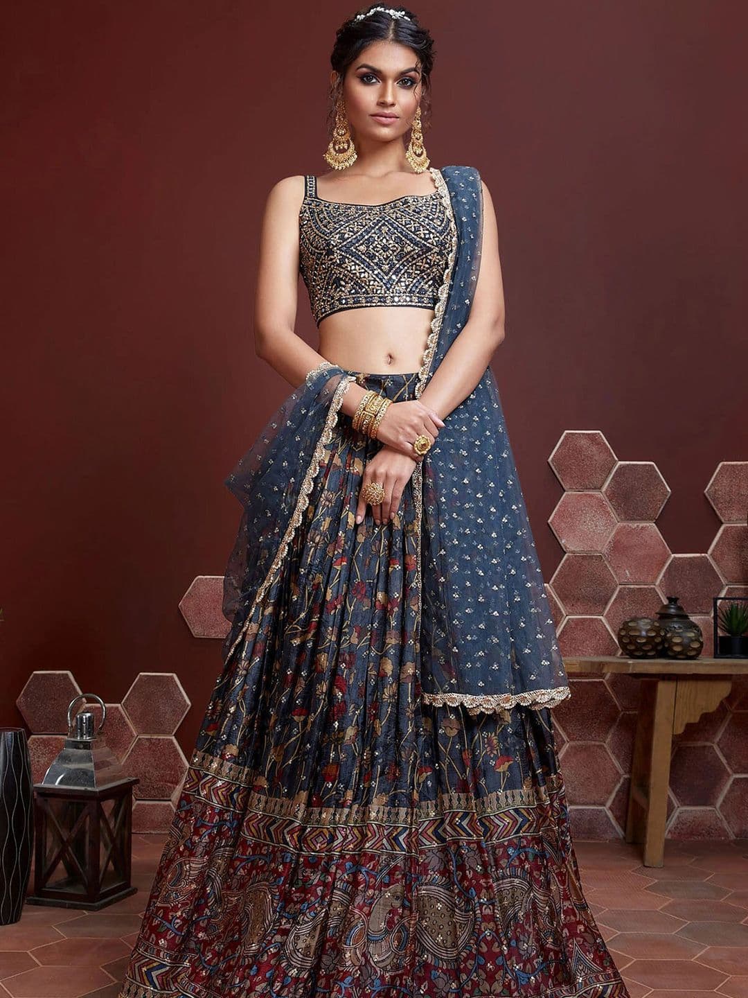ODETTE Embroidered Digital Print Sequinned Silk Lehenga Choli With Dupatta - view 1