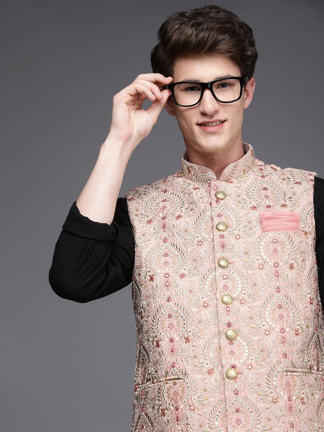 Manyavar Men Pink Woven Nehru Jacket - view 1