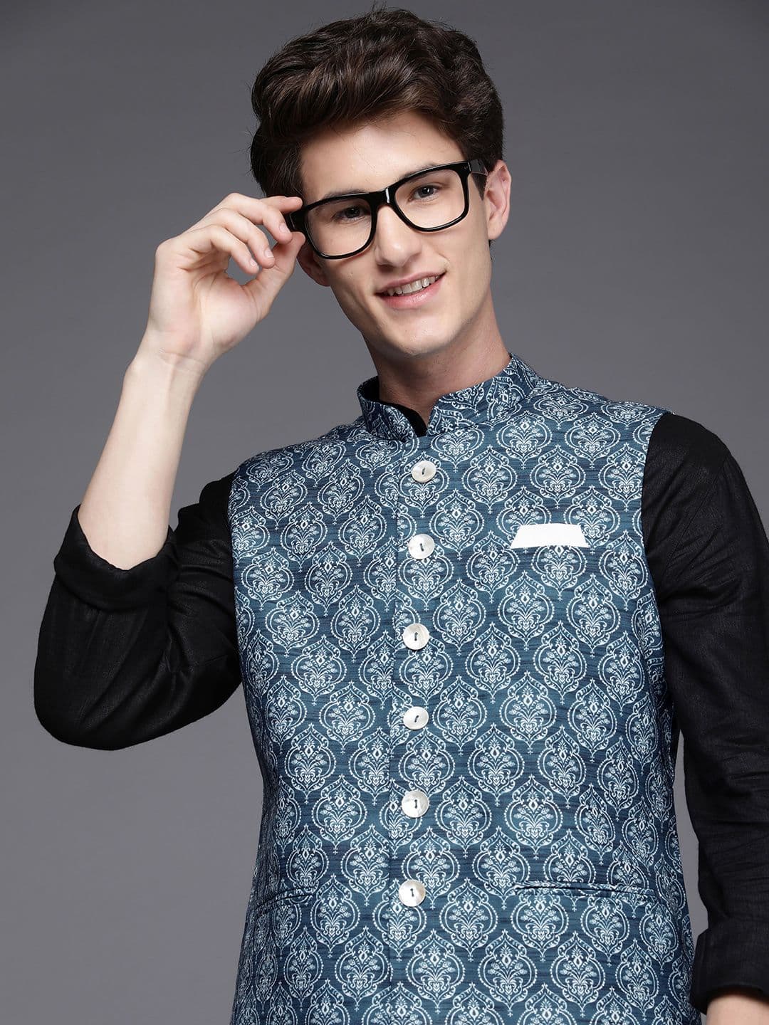 Manyavar Men Teal Blue Printed Nehru Jacket - view 1