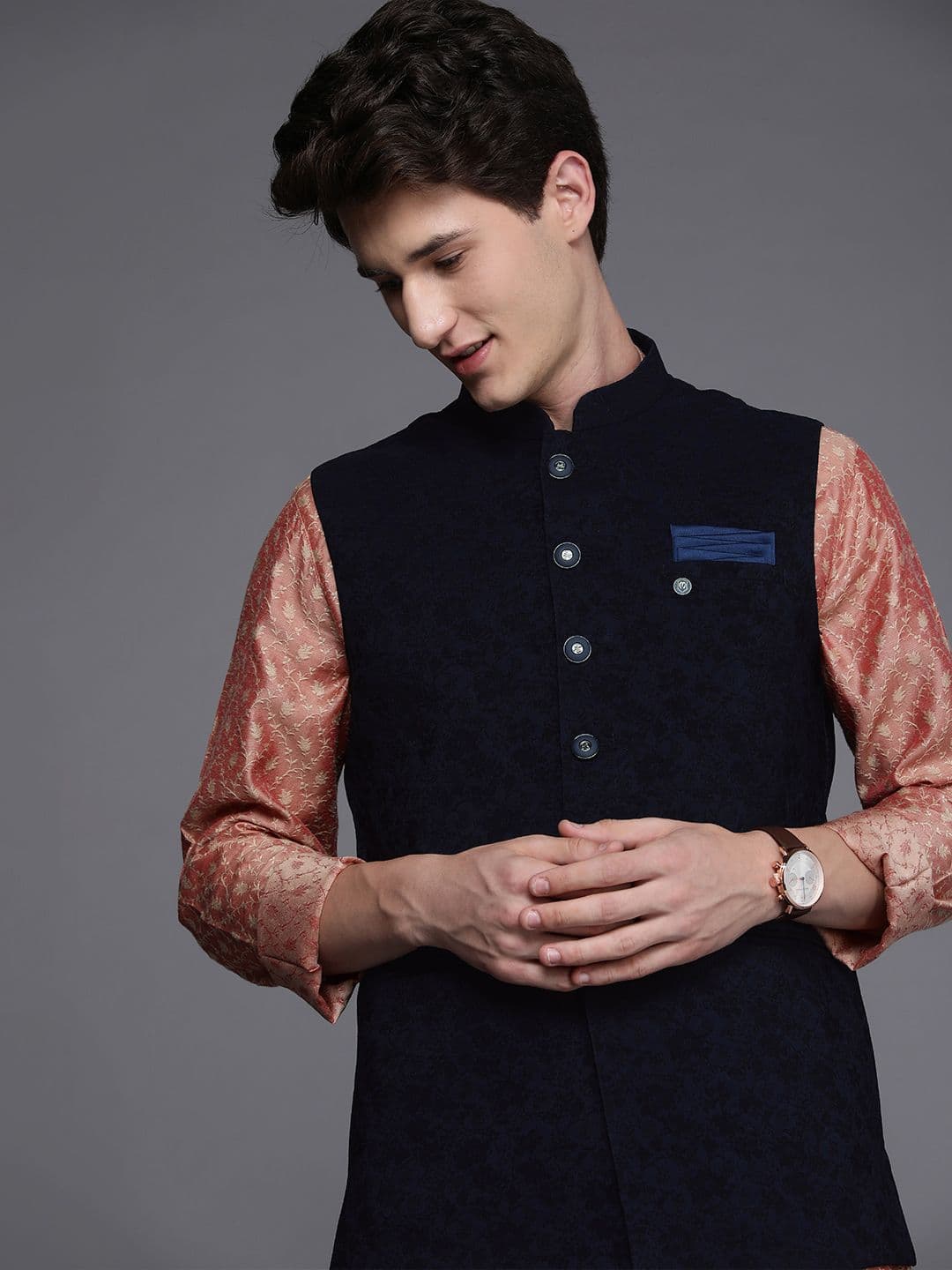 Manyavar Men Navy Blue Solid Nehru Jacket - view 1